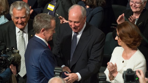 Mr Shorten greets former Labor prime ministers Bob Hawke, Paul Keating and Julia Gillard at the launch.