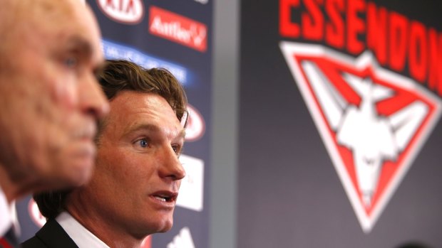 Essendon coach James Hird and CEO Paul Little at Tuesday's media conference.