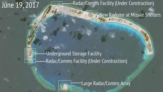 Construction is shown on Mischief Reef, in the Spratly Islands, on June 19, 2017.