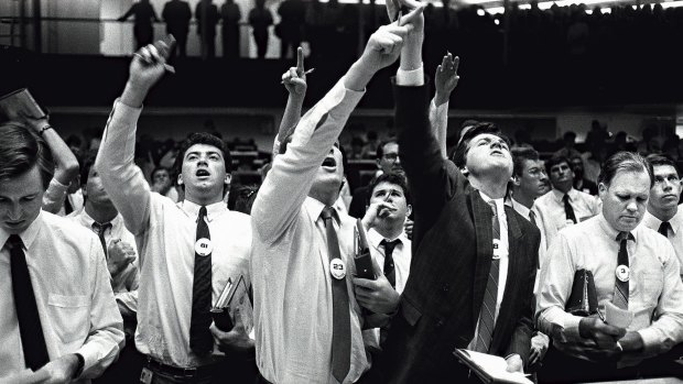 Animated traders sell off stock during the market crash in October 1987. 