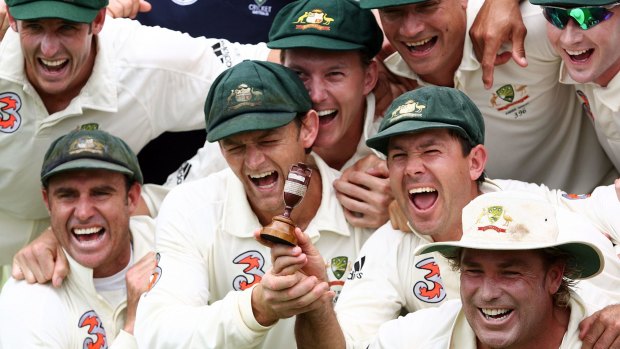 Matthew Hayden (bottom left) celebrates winning the Ashes with the Australian team in 2006.