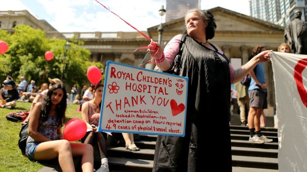 Royal Children's Hospital staff get support at the Stand Up For Refugees Rally.
