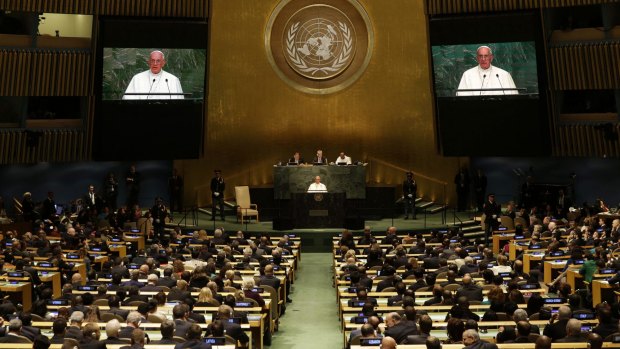Pope Francis addresses the United Nations General Assembly.