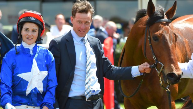 Michelle Payne with Patrick Payne after Husson Eagle's win at Sandown Hillside on November 12