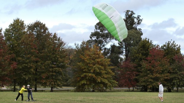 Elise Campbell, 14, helps brother Evan Campbell, 12, get his kite in the air as Braden Campbell, 15, looks on near their home in Yarralumla on Monday