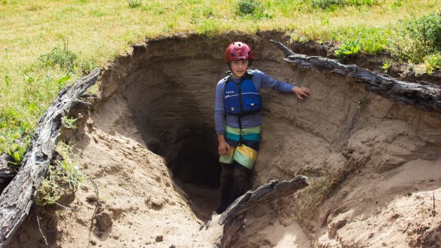 Check out this giant wombat burrow on the Snowy. Bear Grylls would crawl in there, would you?