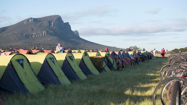 Camping on the Dunkeld Racecourse. Mount Abrupt overlooks the site.