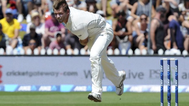 Setting the pace: New Zealand's Corey Anderson took an incredible catch to dismiss Nathan Lyon.