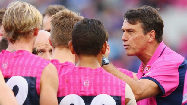 On message:  Paul Roos has words with the players during the game against Western Bulldogs.