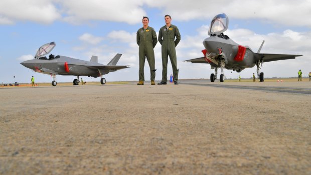 Pilots David Bell and Andrew Jackson with Joint Strike Fighters  at Avalon.