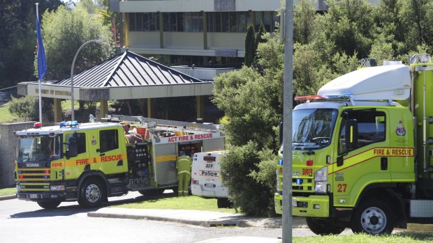 ACT Fire and Rescue outside the Indonesian
Embassy in Yarralumla.
on Monday.