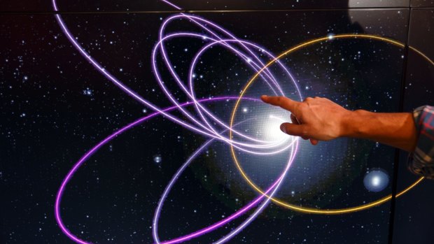 Mike Brown, professor of planetary astronomy at the California Institute of Technology, points to the gold ring showing the orbital path of Planet Nine.