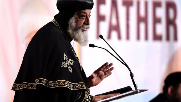 Pope Tawadros II speaks at a welcome reception in Sydney.