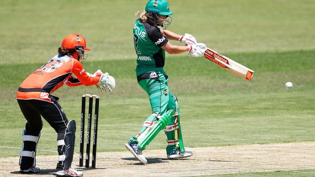 Meg Lanning of the Stars hits a boundary during the Women's Big Bash League match between the Perth Scorchers and the Melbourne Stars at Toorak Park.