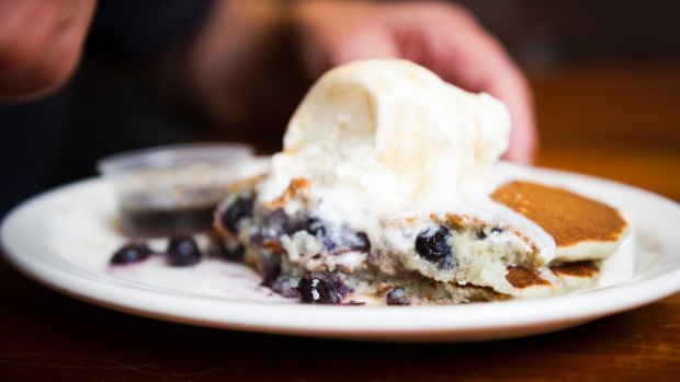 The "signature dish", blueberry pancakes.