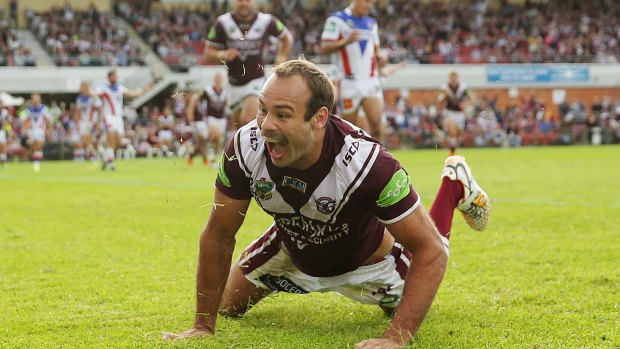 Top man: Brett Stewart of the Sea Eagles celebrates scoring a try at Brookvale Oval.