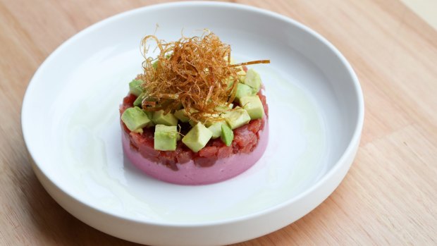 Tuna tartare causa with ume kosho, sweet potato, avocado, leeks. 