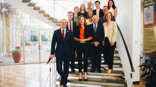 The newly elected Labor team in the ACT parliament, with Chief Minister Andrew Barr and Deputy Chief Minister Yvette Berry, and ministers Mick Gentleman and Meegan Fitzharris in the front row.