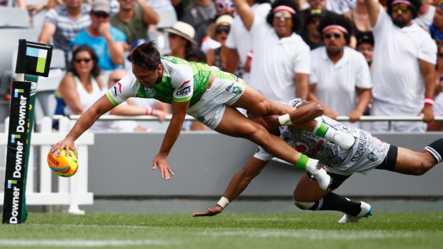 Raiders winger Jordan Rapana in action at this year's Auckland Nines.