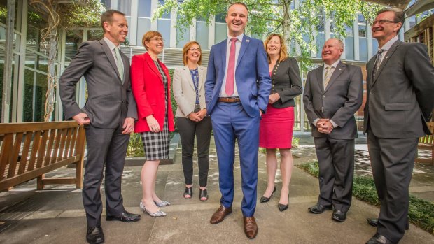 Chief Minister Andrew Barr announces his ministry. (from left) Shane Rattenbury, Rachel Stephen-Smith, Meegan Fitzharris, Andrew Barr, Yvette Berry, Mick Gentleman and Gordon Ramsay. 
