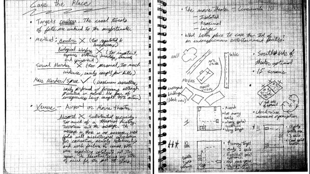 A portion of James Holmes' notebook  was presented as evidence in the murder trial on Tuesday. The page on the right is a diagram of the theatre where Holmes carried out the killings. 