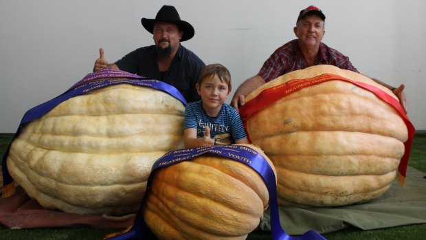 Three generations of Frohloff pumpkin kings - Tony (left), Geoff (right) and Riley (front).