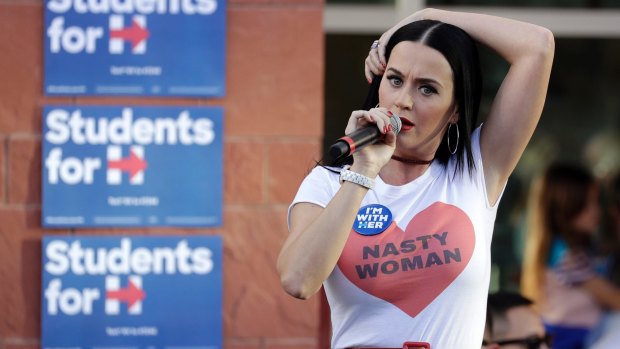 Katy Perry speaks at a rally in for Hillary Clinton in Las Vegas on October 22.