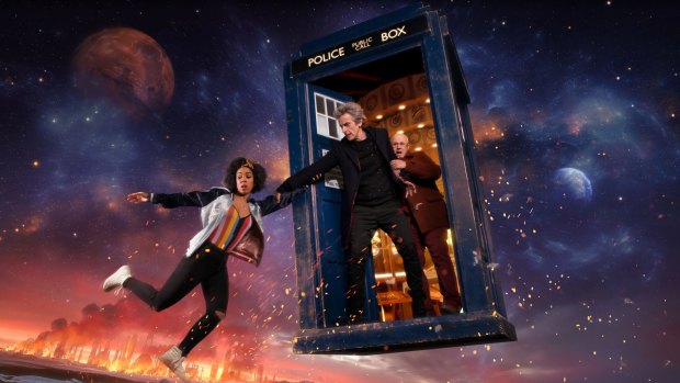 Bill (Pearl Mackie), The Doctor (Peter Capaldi) and Nardole (Matt Lucas) in Doctor Who.