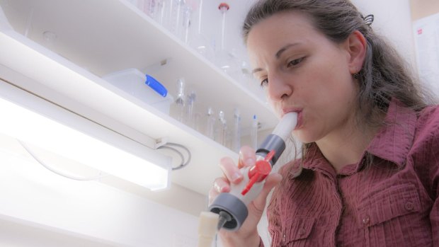 Researchers capture exhaled breath for chemical analysis.