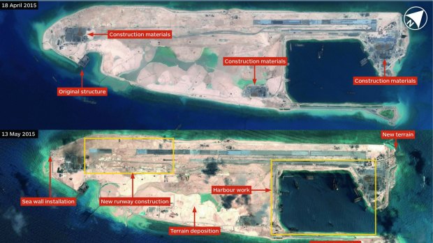 Satellite images from April and May 2015 show Chinese military buildup on Fiery Cross Reef in the South China Sea.
