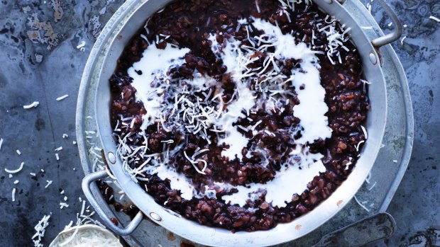 Baked black rice pudding with palm sugar, pandan and coconut.