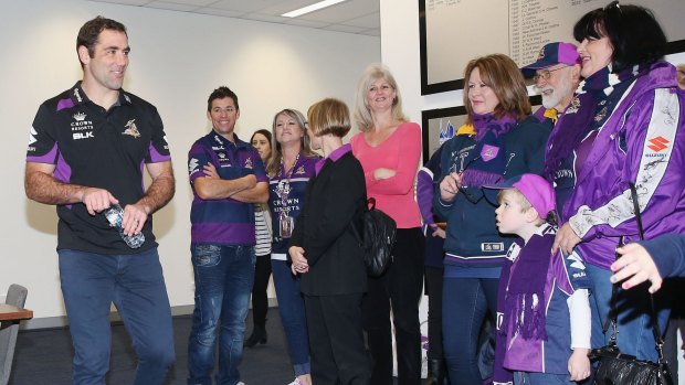 Cameron Smith is greeted by fans at AAMI Park on Tuesday.