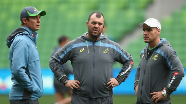Wallabies coach Michael Cheika with assistants Stephen Larkham and Nathan Grey.