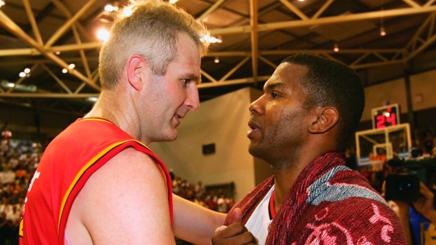 Worthy foes: Ricky Grace is congratulated by Andrew Gaze after playing his last game, during the NBL Elimination Final between the Melbourne Tigers and the Perth Wildcats in 2005.