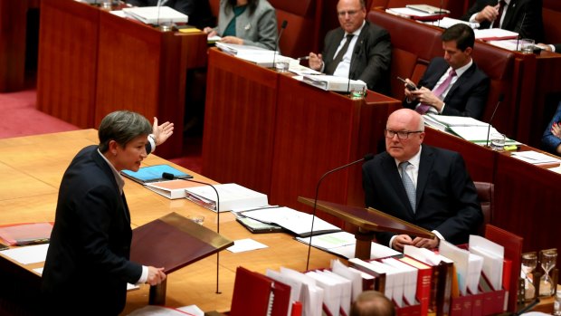 Senator Penny Wong and Senator Brandis during question time in the Senate on Monday.