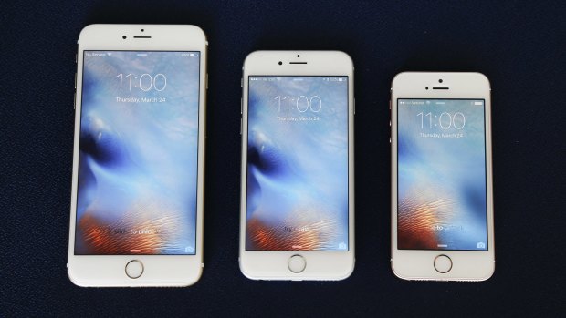 From left, the iPhone 6S Plus, 6S and SE.