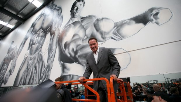 Arnold Schwarzenegger talks to the Derrimut 24:7 gym in Melbourne in 2013.