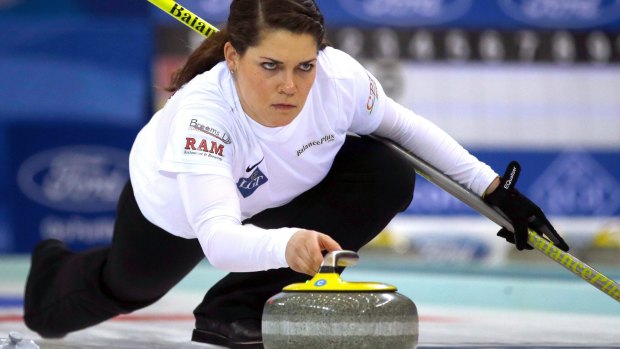 Becca Hamilton in action at the Women's World Curling Championship in Beijing in 2017.