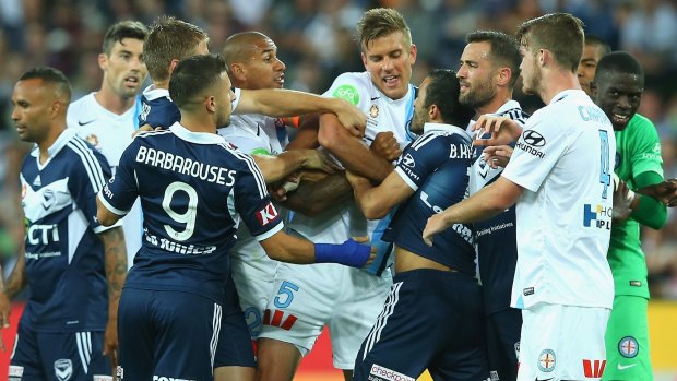 Pre-Christmas drama ... Tempers flared in the Melbourne derby in December.