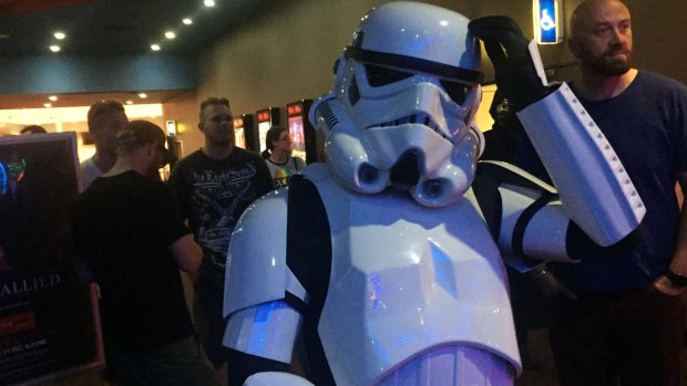 You may as well do things properly: a storm trooper at the Rogue One premiere in Innaloo. 