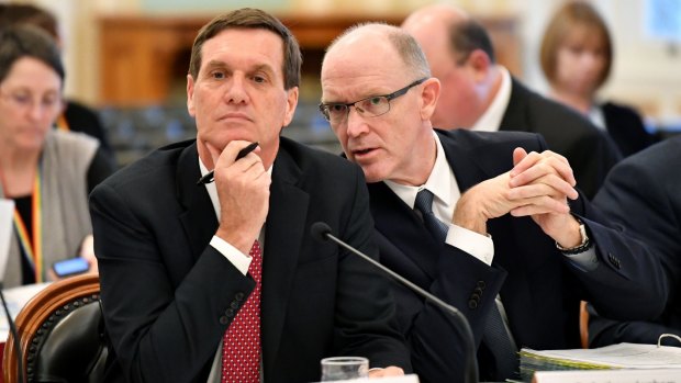 Dr Anthony Lynham, Queensland Minister for State Development and Minister for Natural Resources and Mines, and Michael Schaumburg, Director-General of the Department of State Development appearing before the estimates committee on Wednesday.