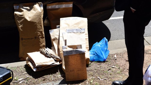 Bags of evidence seized during the raids in Sydney Olympic Park on Tuesday. 