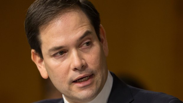 Senate Foreign Relations Committee member Senator Marco Rubio questions Secretary of State-designate Rex Tillerson during Tillerson's confirmation hearing.