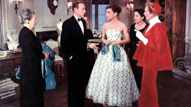 <i>Funny Face</I> with Fred Astaire and Audrey Hepburn, third right, wearing a Givenchy gown, 1955.