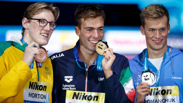 The podium from the 1500m: From left, Australia's Mack Horton with Italian gold medallist Gregorio Paltrinieri and Ukrainian silver medallist Mykhailo Romanchuk.