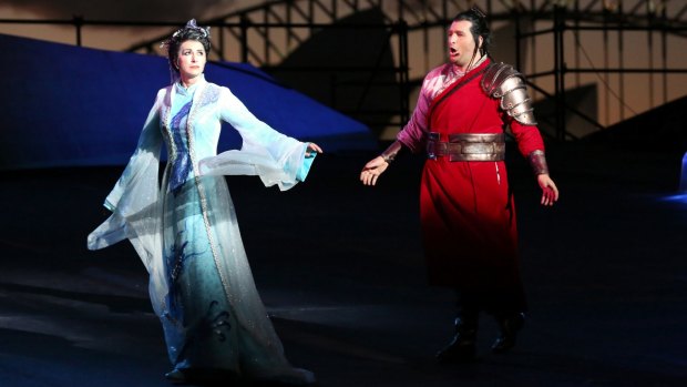 Dragana Radakovic (Turandot) and Riccardo Massi (Calaf) in Handa Opera on Sydney Harbour. 