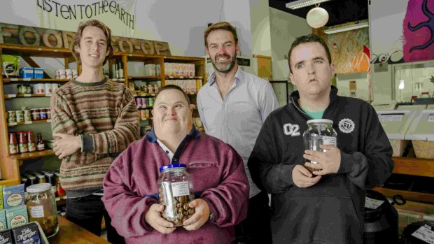 Back from left, ANU Food Co-Op Co-Manager Conor Harrington; LEAD Community Development Officer Jeff Thompson.
Front from left: Tony Di Crecenszo and Michael Frazer.