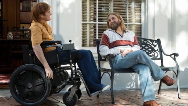 Joaquin Phoenix as John Callahan and Jonah Hill as Donnie in Don't Worry, He Won't Get Far on Foot.