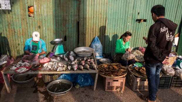 A dried-fish vendor at a morning market in Vientiane.