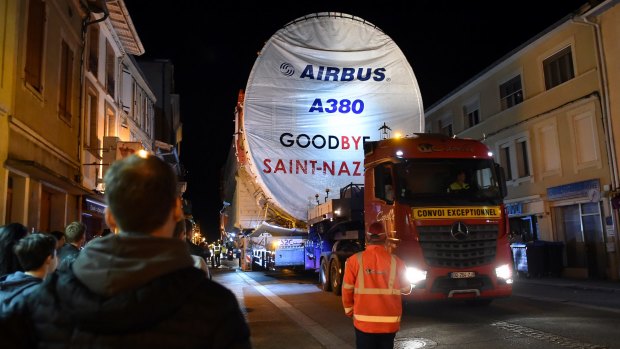 The last convoy of the Airbus A380 drives through Levignac, France.